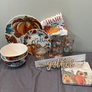 set of 2 thanksgiving/fall plates, bowls, dish towel, napkins, cups, wineglasses